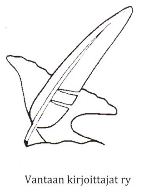 Vantaan kirjoittajat ry logo, jossa on sulkakynä ja kalan pyrstö tyyliteltynä viivapiirroksena.